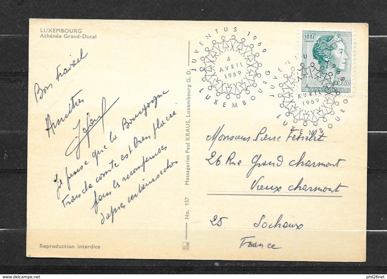 Luxembourg CP De Luxembourg Le 04/04/1969  N° 585B Avec Cachet Illustré 1er Jour Juventus 1969 Pour Vieux Charmont  B/TB - Cartas & Documentos