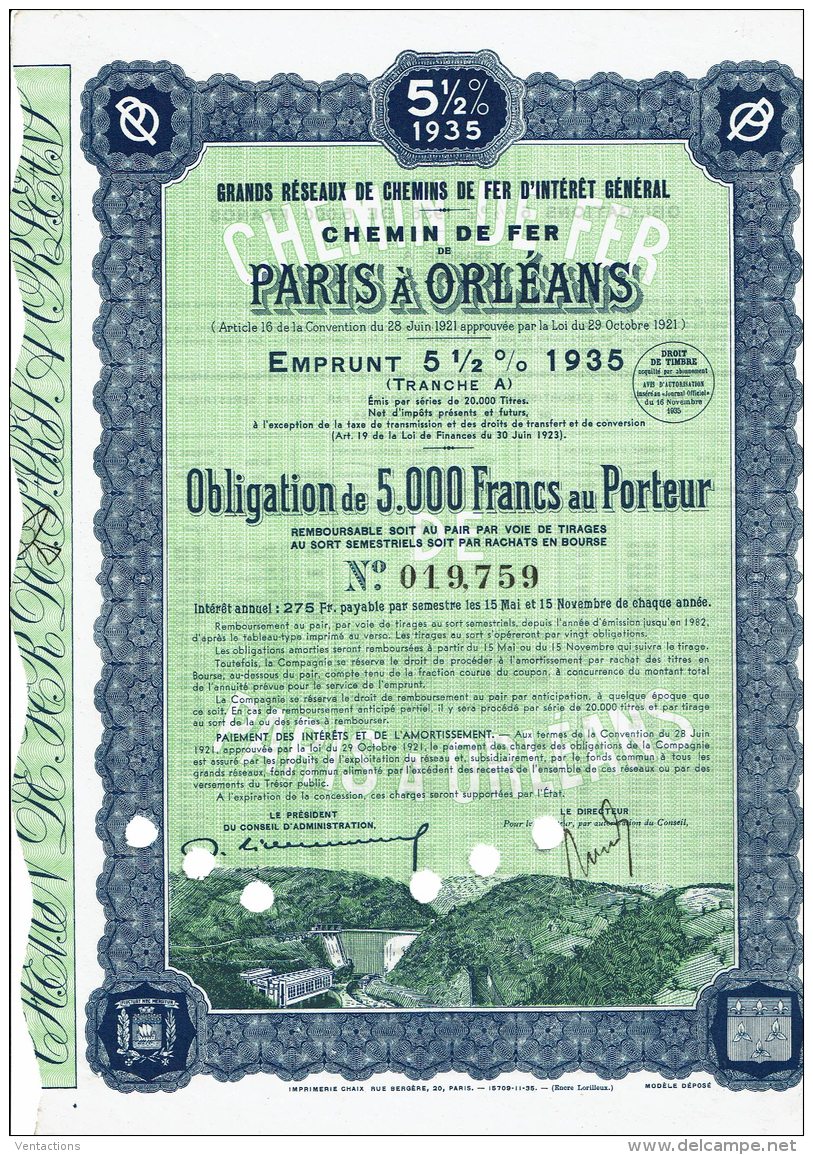 45-CHEMIN DE FER DE PARIS A ORLEANS. 1935. Obligation 5000 F. DECO - Other & Unclassified