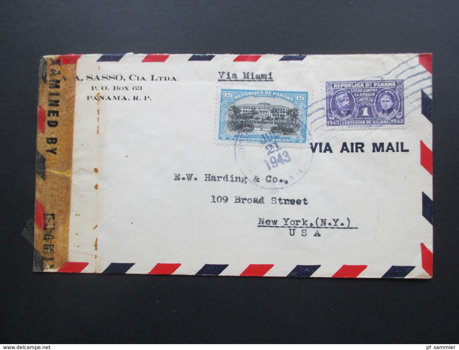 Zensurbeleg Panama 1943 Via Miami Nach New York. A.A. Sasso, Cia. LTDA. Examined By 4933. Air Mail - Panama