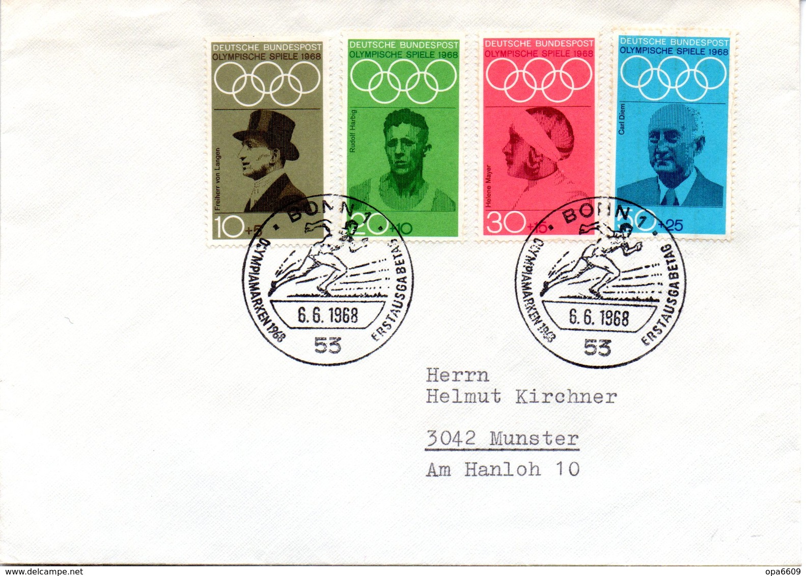 BRD Blanko-FDC  "Olympische Sommerspiele, Mexiko", Mi. 561/62+564/65 ESSt BONN 1  6.6.1968 - Zomer 1968: Mexico-City