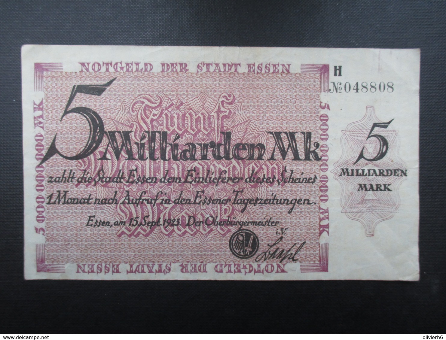 BILLET ALLEMAGNE (V1719) Fünf Milliarden Mark 5000000000 (2 Vues) Essen 15/09/1923 - 5 Milliarden Mark