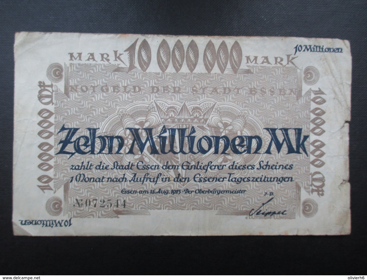BILLET ALLEMAGNE (V1719) Zehn Millionen Mark 10000000 (2 Vues) Essen 15/08/1923 - 10 Millionen Mark