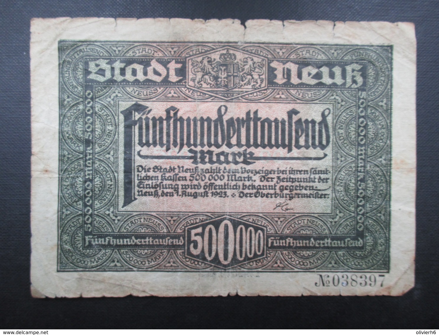 BILLET ALLEMAGNE (V1719) Funfhunderttaufend Mark 500000 (2 Vues) Essen 15/08/1923 Stadt Neuss - 500.000 Mark