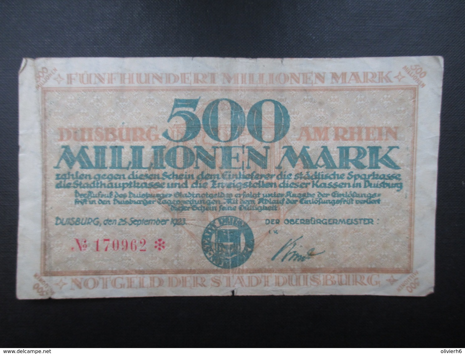BILLET ALLEMAGNE (V1719) Funf Hundert Millionen Mark 500000000 (2 Vues) Duisburg 15/09/1923 Stadt Neuss - 500 Millionen Mark