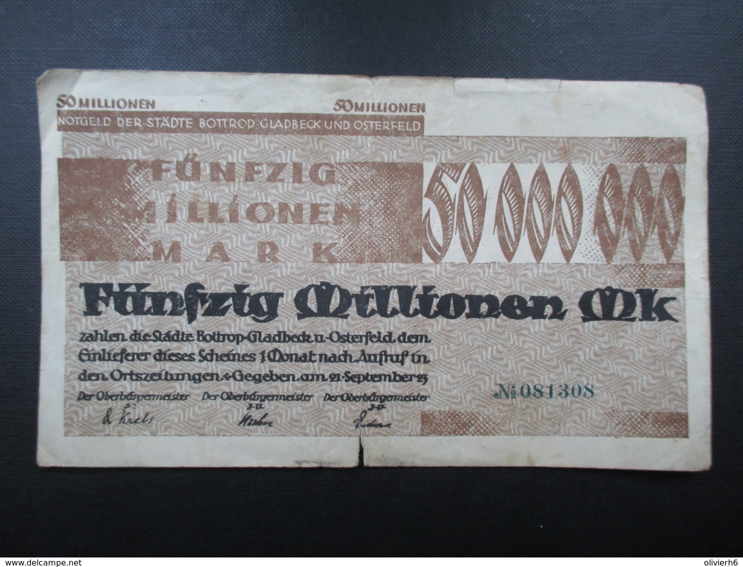 BILLET ALLEMAGNE (V1719) Fünfzig Millionen Mark 50000000 (2 Vues) Gladbeck Und Osterfeld 21/09/1923 - 50 Mio. Mark