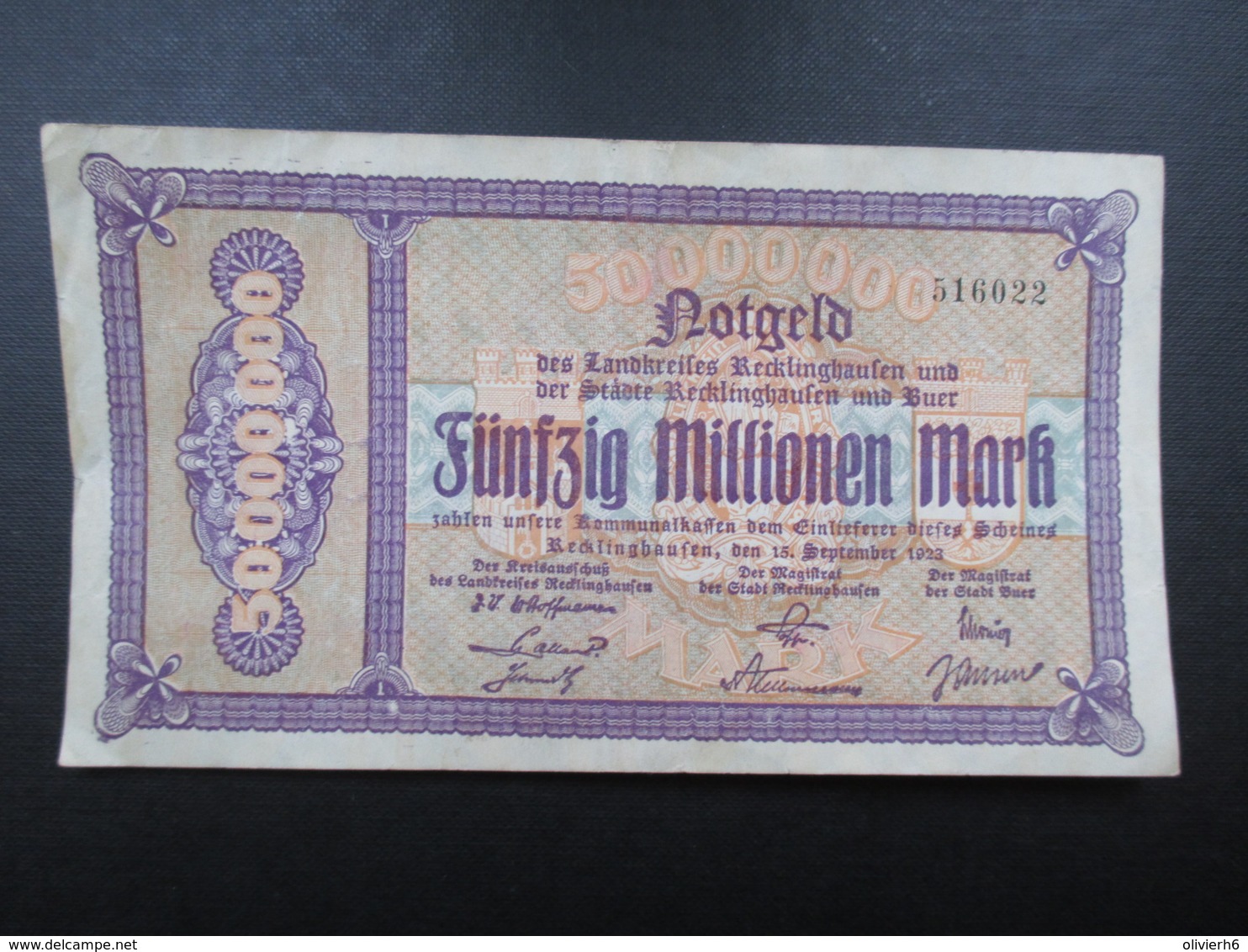 BILLET ALLEMAGNE (V1719) Fünfzig Millionen Mark 50000000 (2 Vues) Recklinghaufen Und Buer 15/09/1923 - 50 Mio. Mark