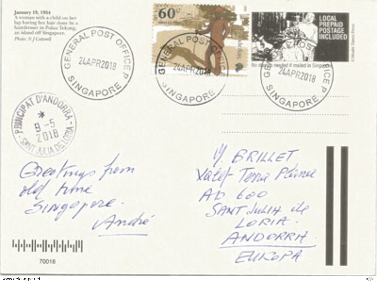 SINGAPOUR. Salon De Coiffure Singapore 1954, Entier Postal Envoyé à Andorra, Avec Timbre à Date Arrivée - Other & Unclassified