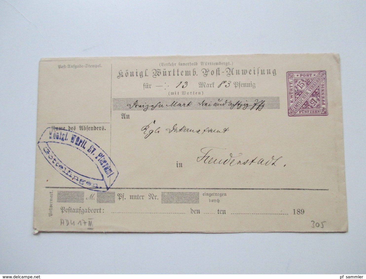 AD Württemberg um 1880 / 90 mit Ganzsachen / Faltbriefe / Postanweisungen 17 Stück! Dienstpost. Crailsheim usw..