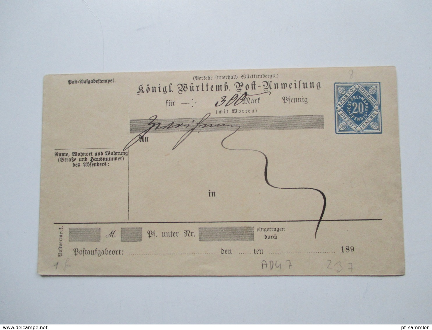 AD Württemberg um 1880 / 90 mit Ganzsachen / Faltbriefe / Postanweisungen 17 Stück! Dienstpost. Crailsheim usw..