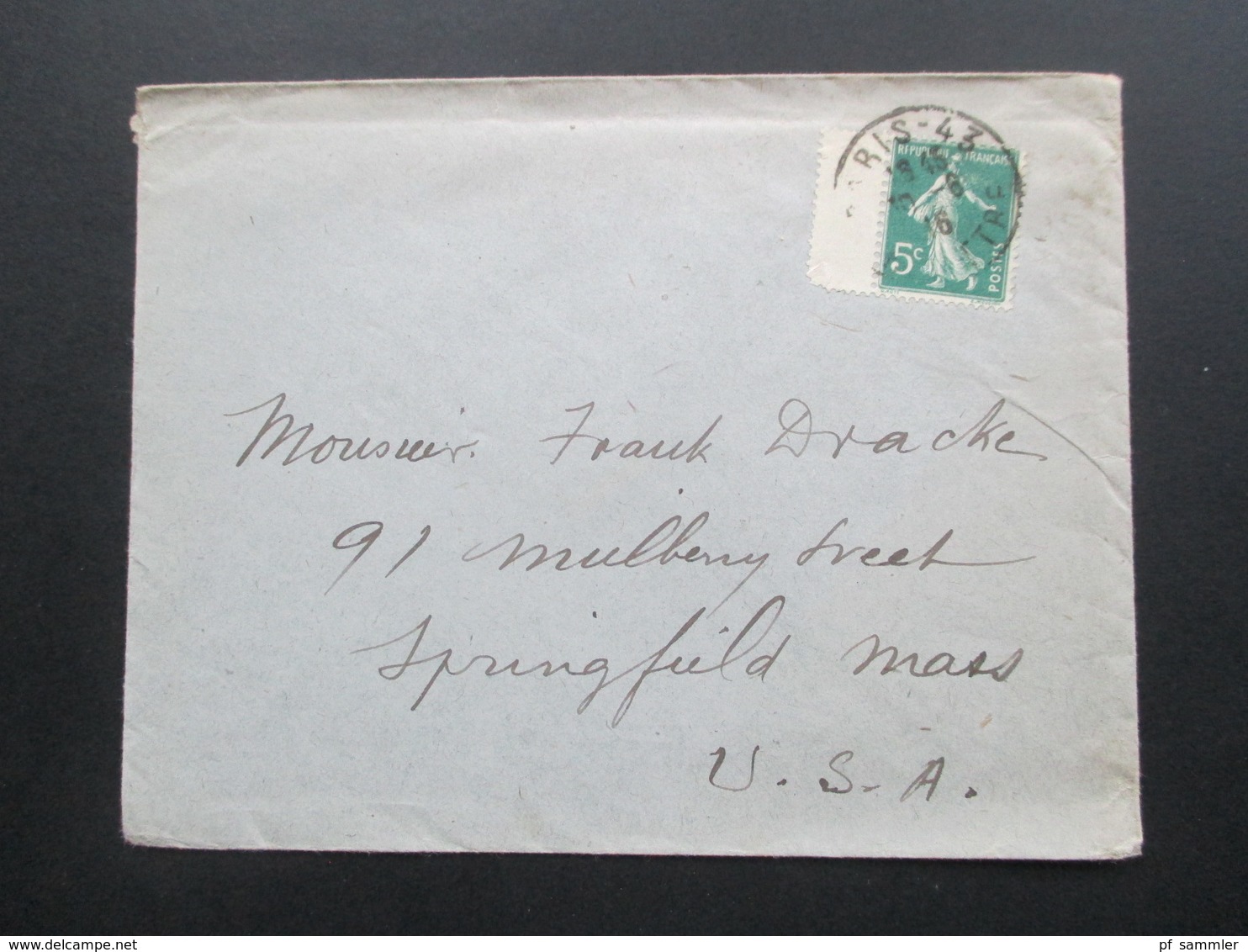Frankreich 1916 Säerin Mit Anhängendem Zwischensteg Brief In Die USA Springfield Mass. - Lettres & Documents