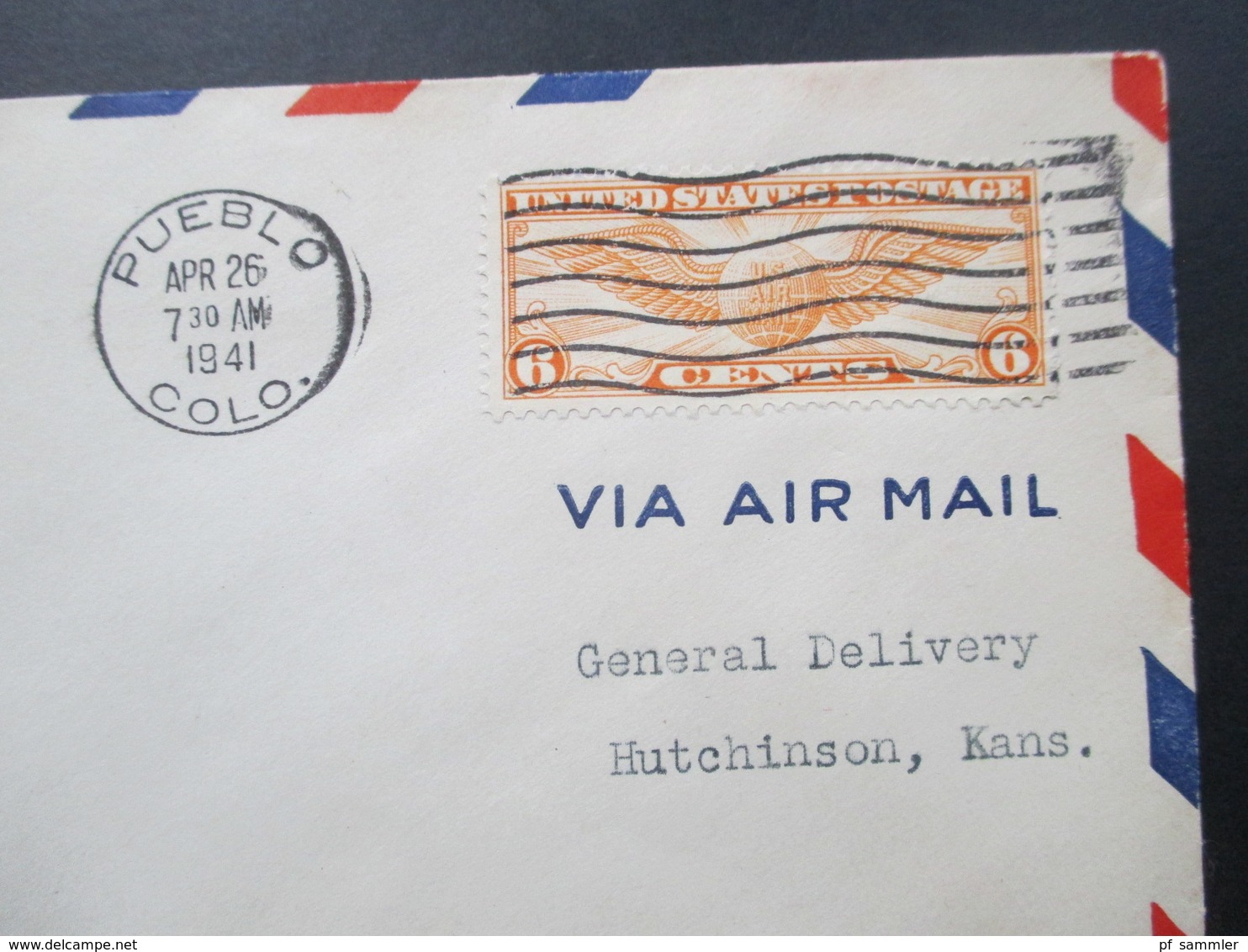 USA 1930 Nr. 322 Flugpostmarke Verwendet 1941 Als EF Pueblo Colo. Air Mail / Luftpost - Covers & Documents