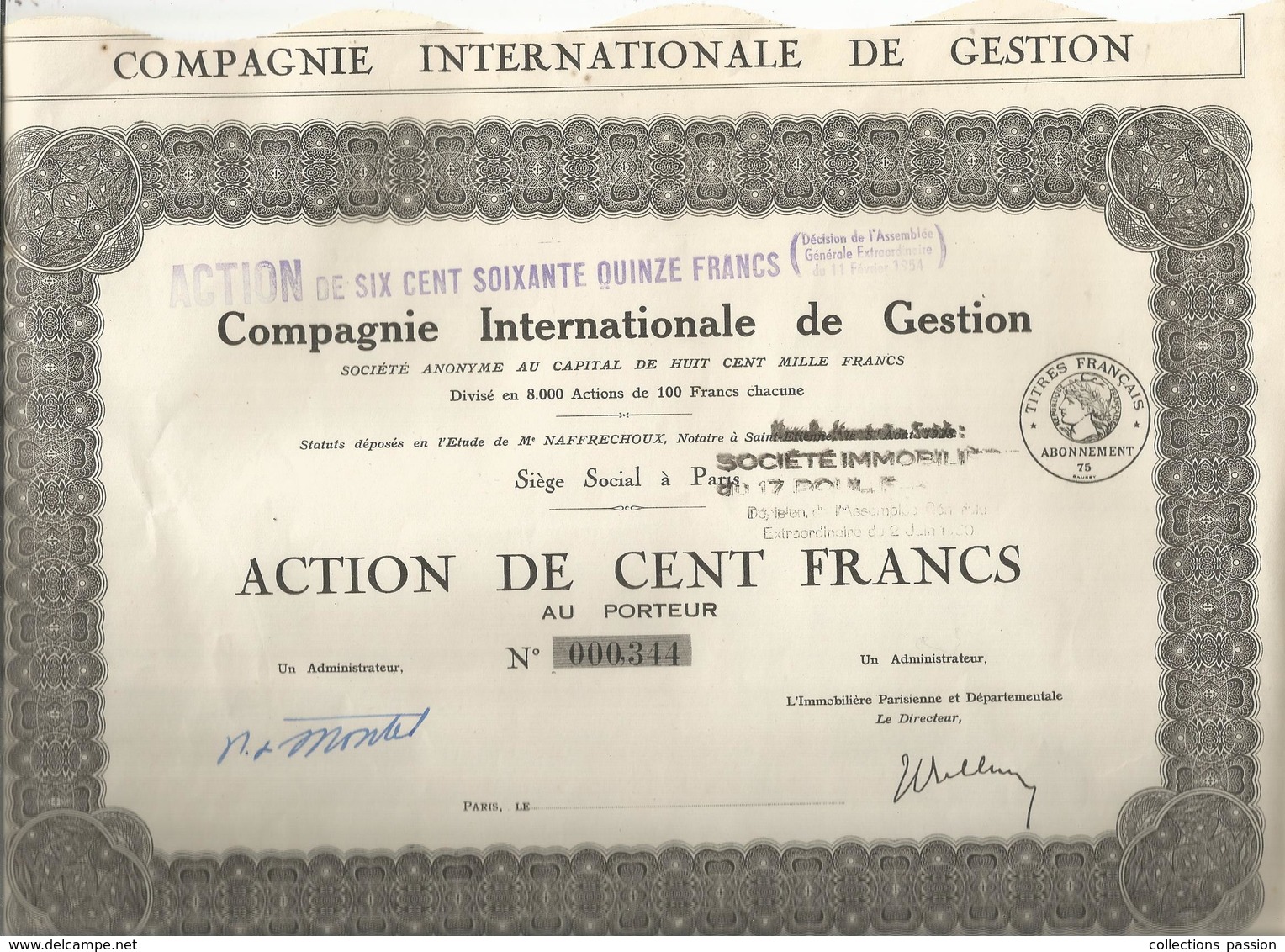 Action De Cent (100 ) Francs , Compagnie Internationale De Gestion ,Paris , 1928, 344/8000 , 2 Scans, Frais Fr 1.95 E - Sonstige & Ohne Zuordnung