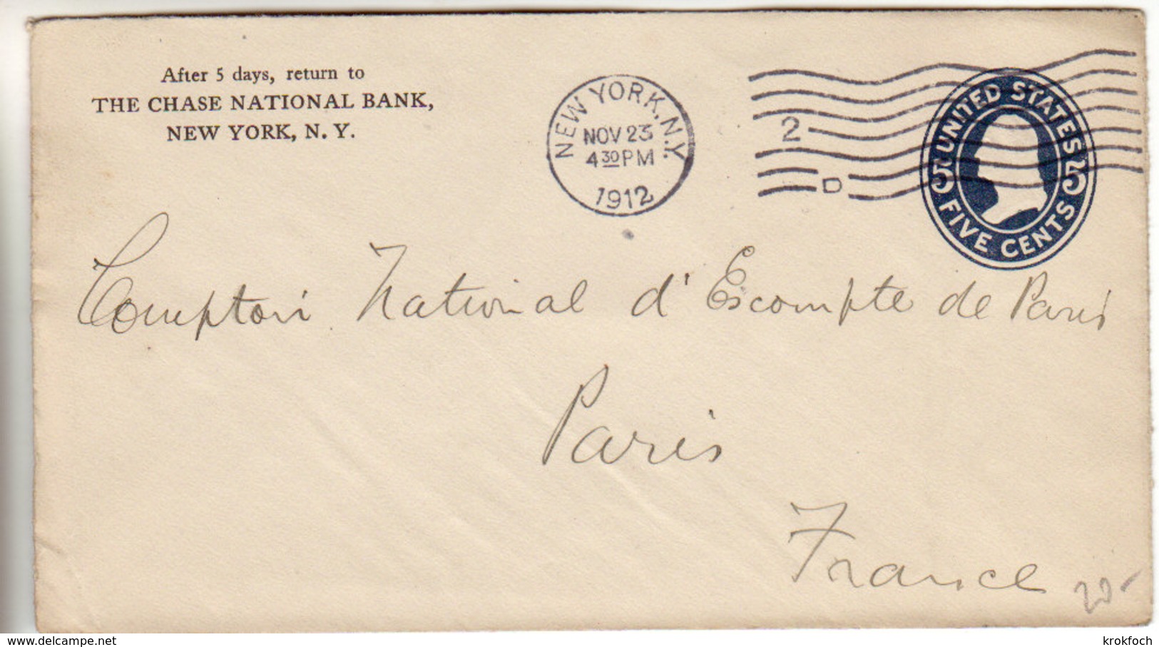 Chase Bank - New York 2 D 1912 - Cover Stationery - Entier Ganzsache - 1901-20