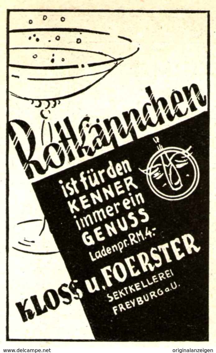 Original-Werbung/ Anzeige 1938 - ROTKÄPPCHEN SEKT / KLOSS & FOERSTER FREYBURG - Ca. 45 X 65 Mm - Reclame