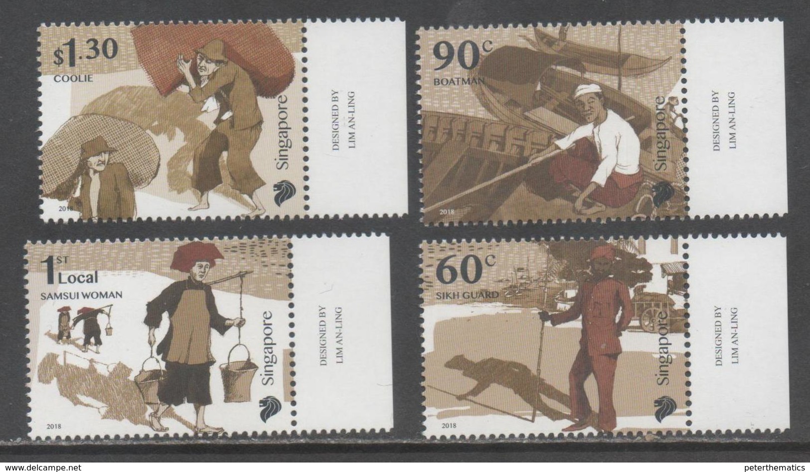 SINGAPORE, 2018, MNH, EARLY TRADES OF SINGAPORE, BOATMEN, BOATS, COOLIES, GUARDS, 4v - Other & Unclassified