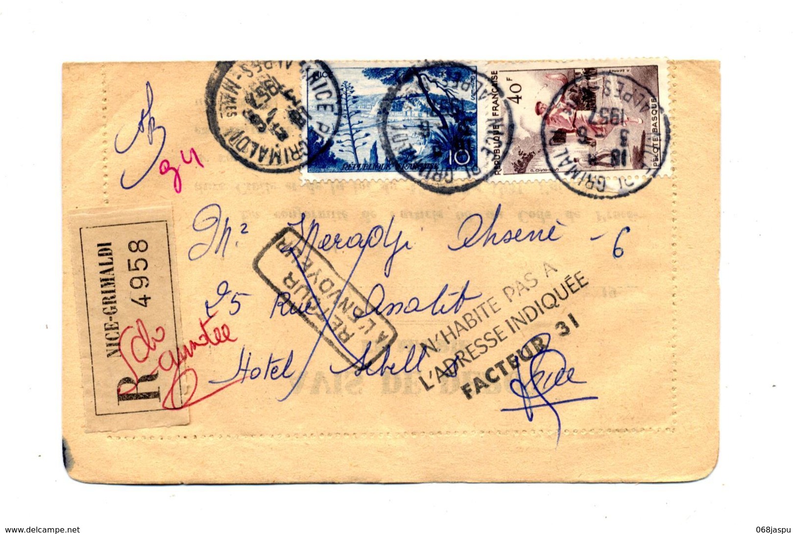 Lettre Recommandee Nice Sur Petain + Retour +n'habite - Manual Postmarks