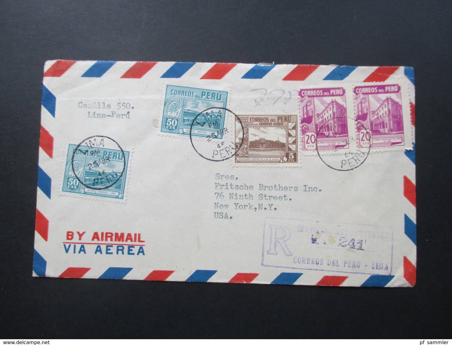 Peru 1946 Luftpost / Air Mail Lima - New York. Verzähnte Marke! 7 Stempel!! - Perú