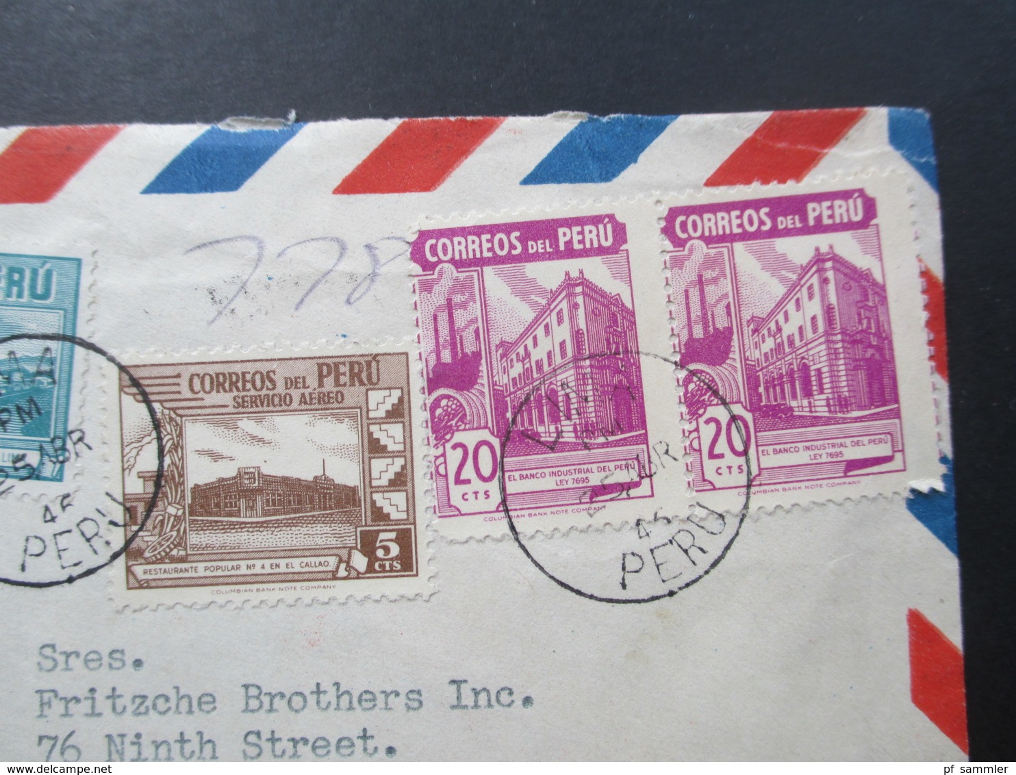 Peru 1946 Luftpost / Air Mail Lima - New York. Verzähnte Marke! 7 Stempel!! - Perù