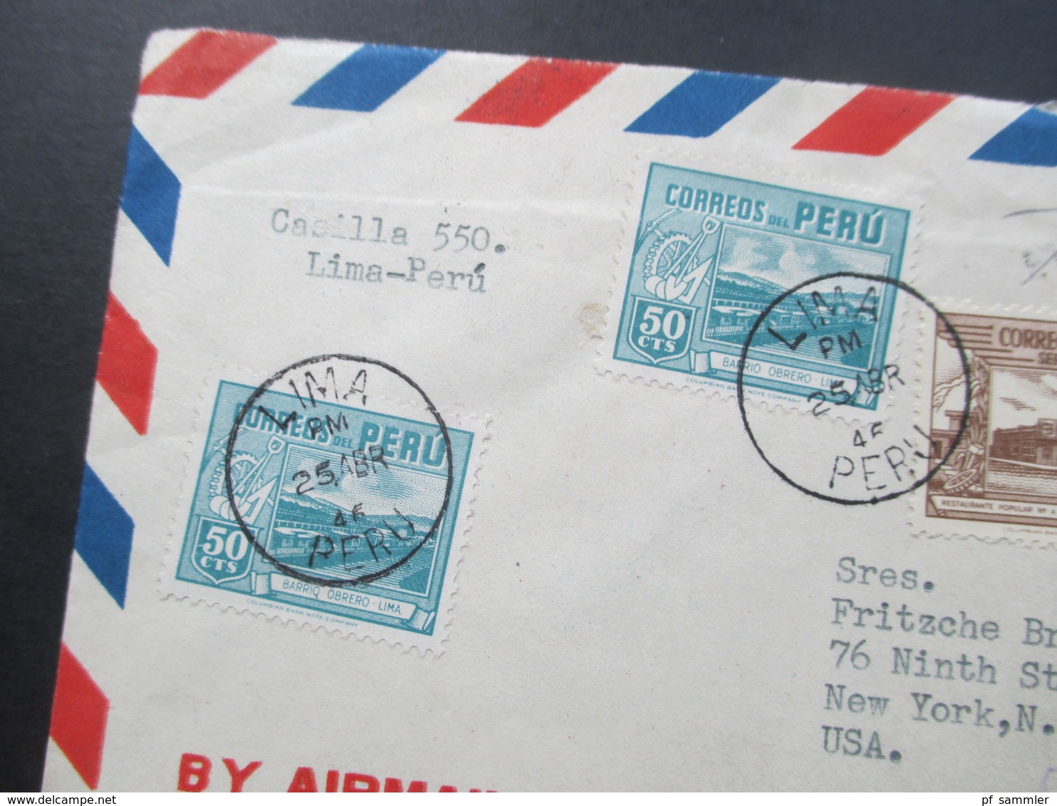 Peru 1946 Luftpost / Air Mail Lima - New York. Verzähnte Marke! 7 Stempel!! - Pérou