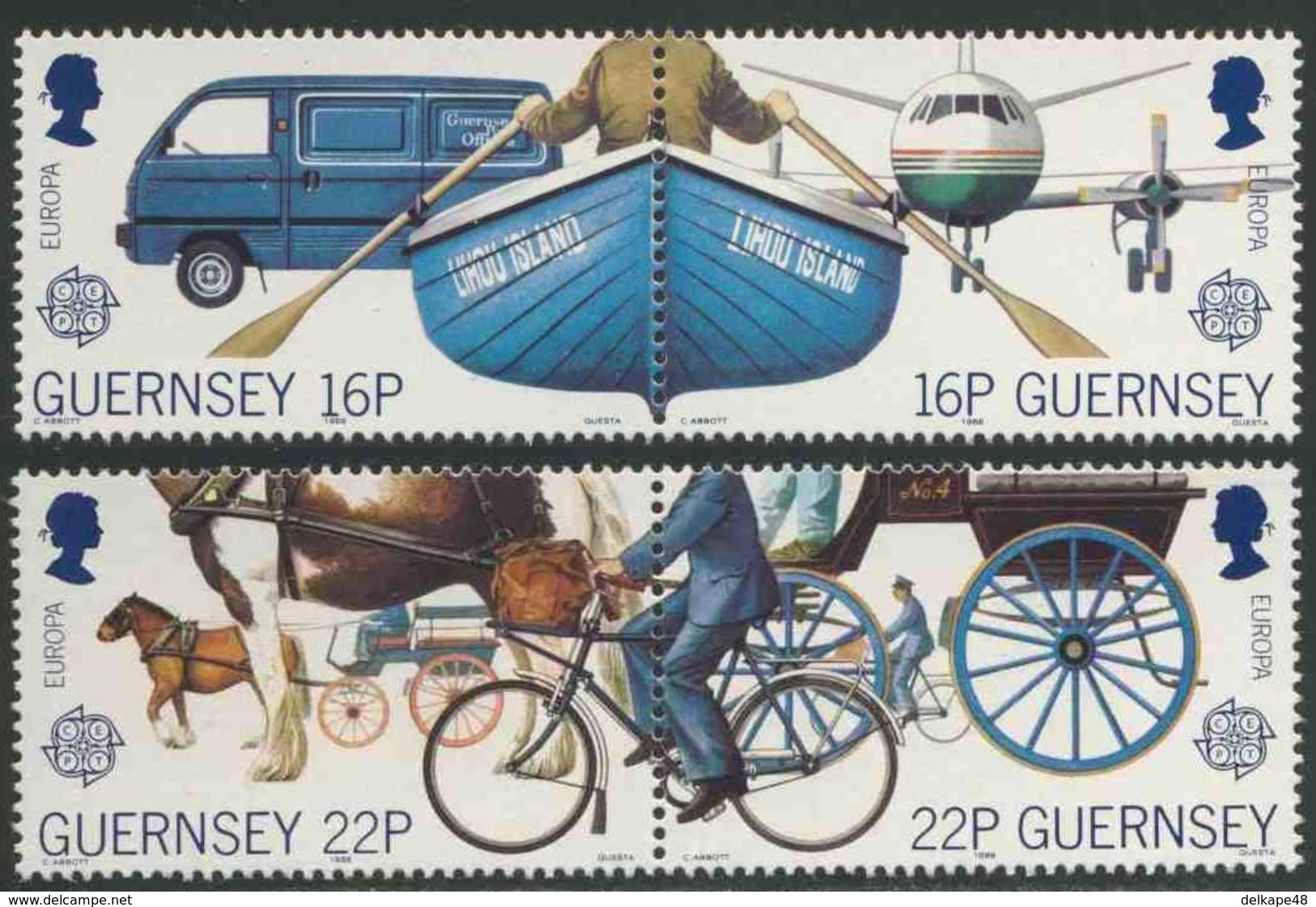 Guernsey 1988 Mi 417 /20 Sc 381 /84 ** Mail Van + Boat / Postmen On Bicycles + Carriage / Postauto + Fahrrad - Guernsey