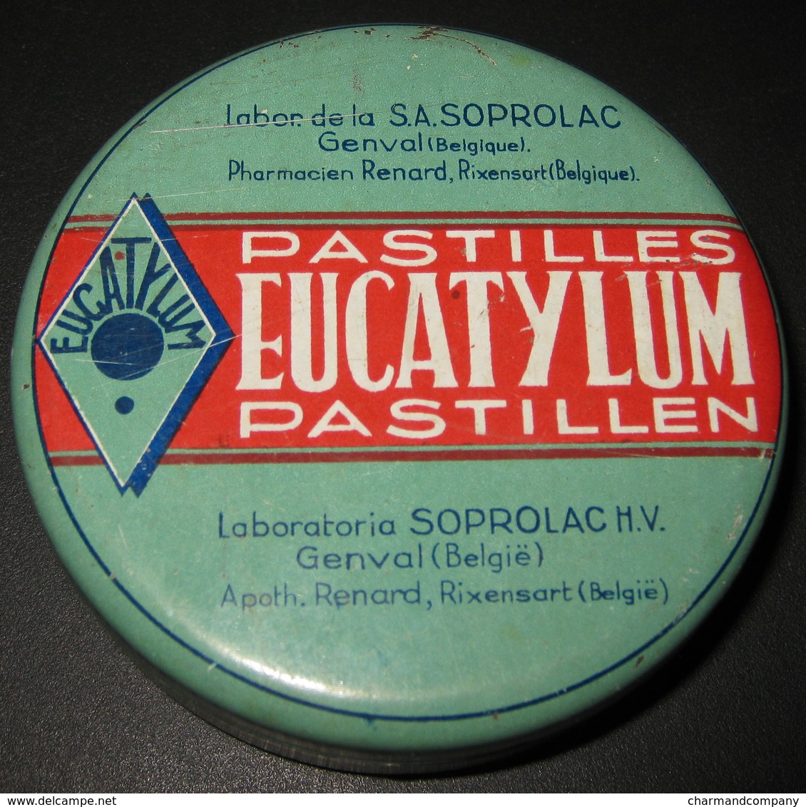 Boîte Ancienne Pastilles EUCATYLUM Pastillen - Lab. Soprolac Genval - Pharmacien Renard Rixensart - 4 Scans - Dozen