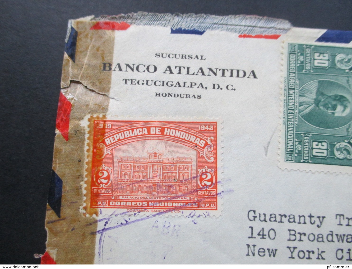 Zensurbeleg Honduras 1943 Banco Atlantida. Mailed Tregucigalpa S.H.. Air Mail - Honduras