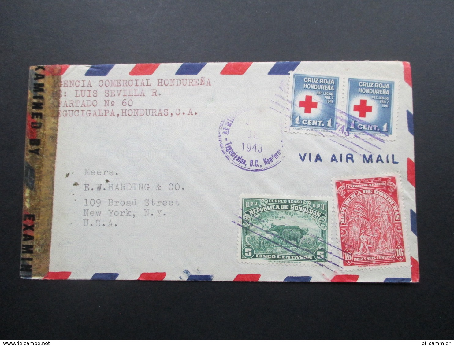 Zensurbeleg Honduras 1943 Air Mail / Luftpost Nach New York. Examined By 12534 - Honduras