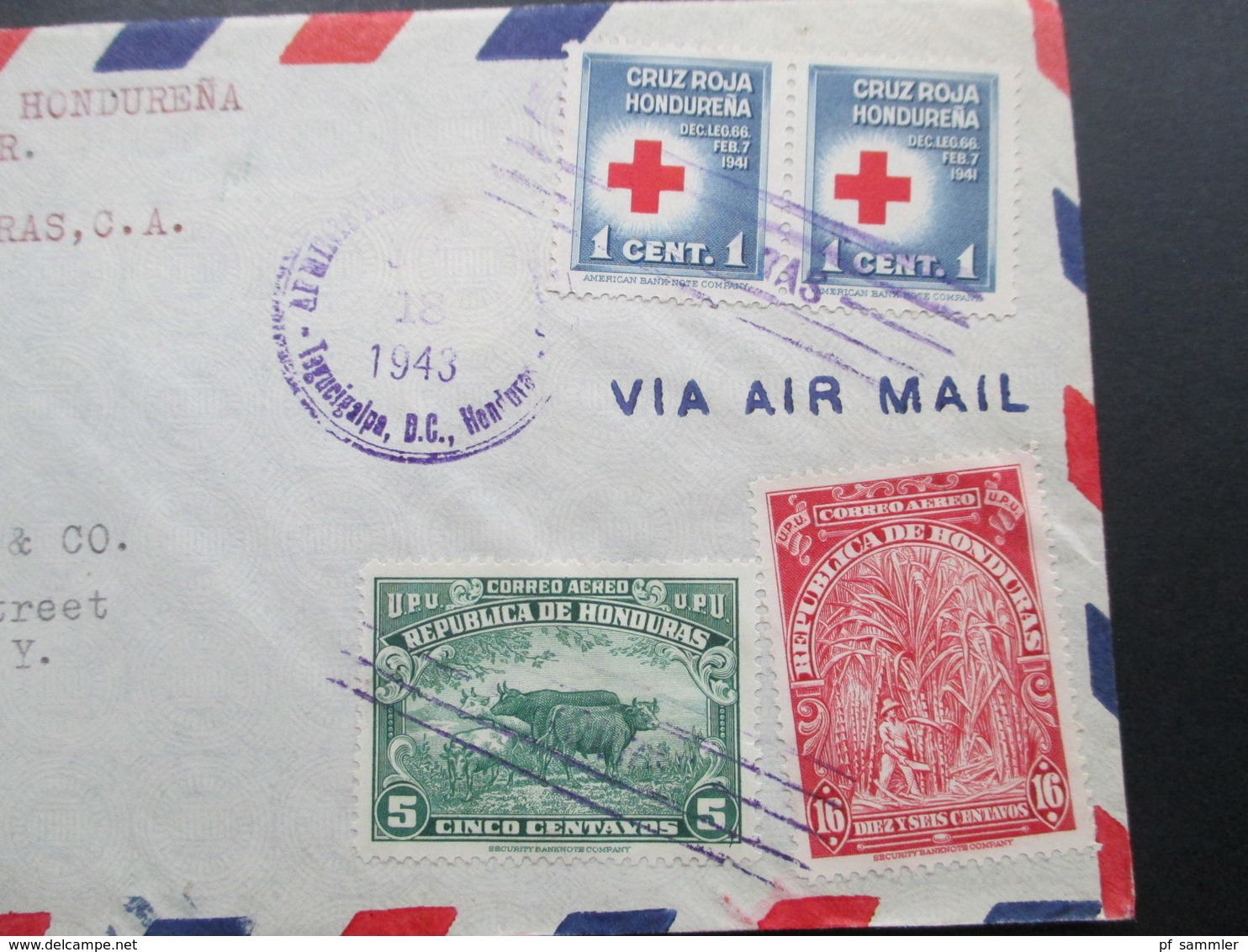 Zensurbeleg Honduras 1943 Air Mail / Luftpost Nach New York. Examined By 12534 - Honduras