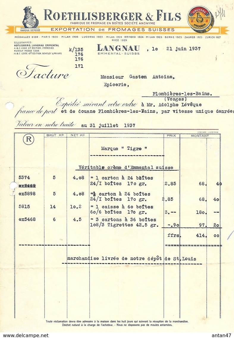 Facture Lettre / SUISSE / LANGNAU / 1937 / ROETHLISBERGER / Fromages Suisses / Gruyère - Svizzera