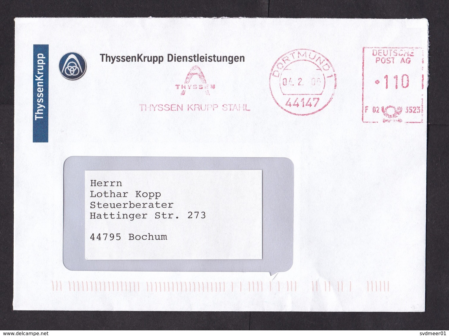 Germany: Cover, 2008, Meter Cancel,  Thyssen Krupp, Steel Factory, Logo, Metal Industry (minor Discolouring At Back) - Brieven En Documenten