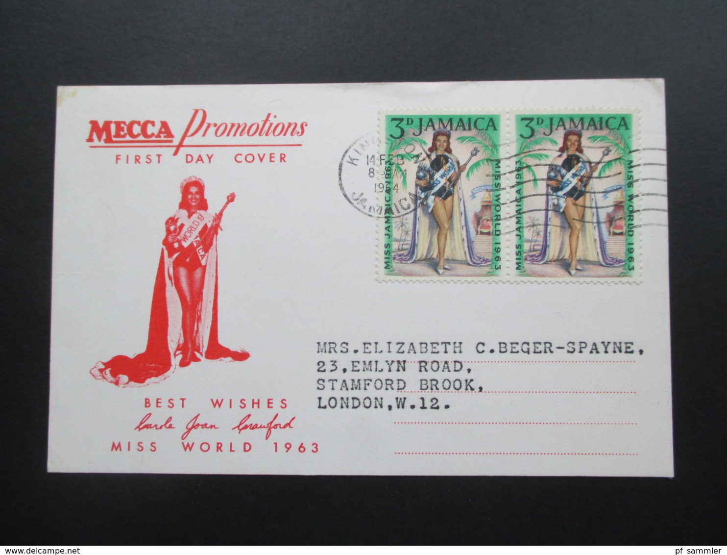 Jamaica 1964 Mecca Promotions FDC / Karte. Schönheitskönigin. Miss World 1963 - Jamaica (1962-...)