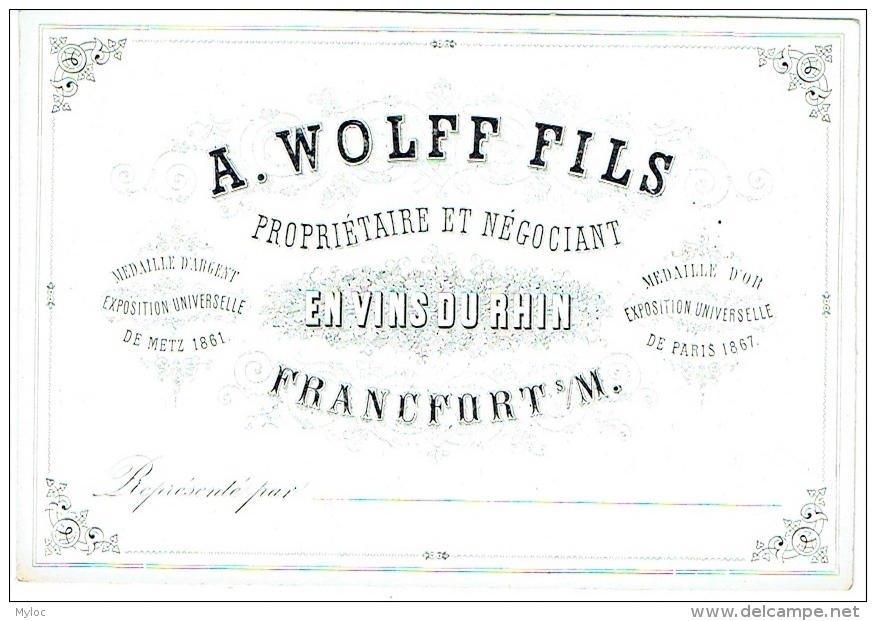 Belle Carte Porcelaine. Négociant En Vins Du Rhin.  A.Wolff. Francfort. Tarifs Au Dos. - Cartes De Visite