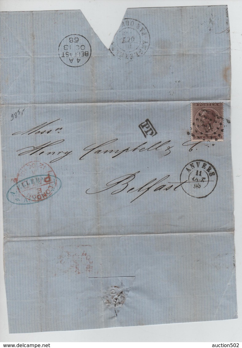 TP 19 S/LSC C.Anvers 11/10/1868 LOS 12 A.Ellerman V.Belfast Via London C.Ambt Angleterre Ouest + Belfast - Postmarks - Points