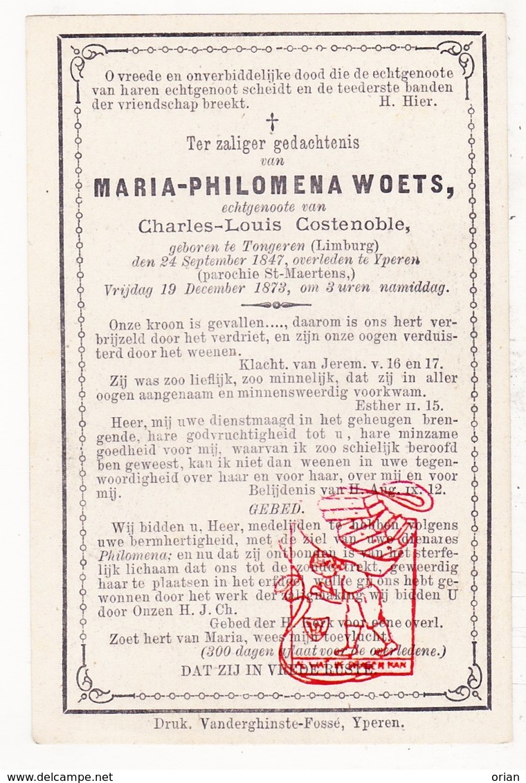 DP Maria Philomena Woets 26j. ° Tongeren 1847 † Ieper 1873 X Charles L. Costenoble - Images Religieuses