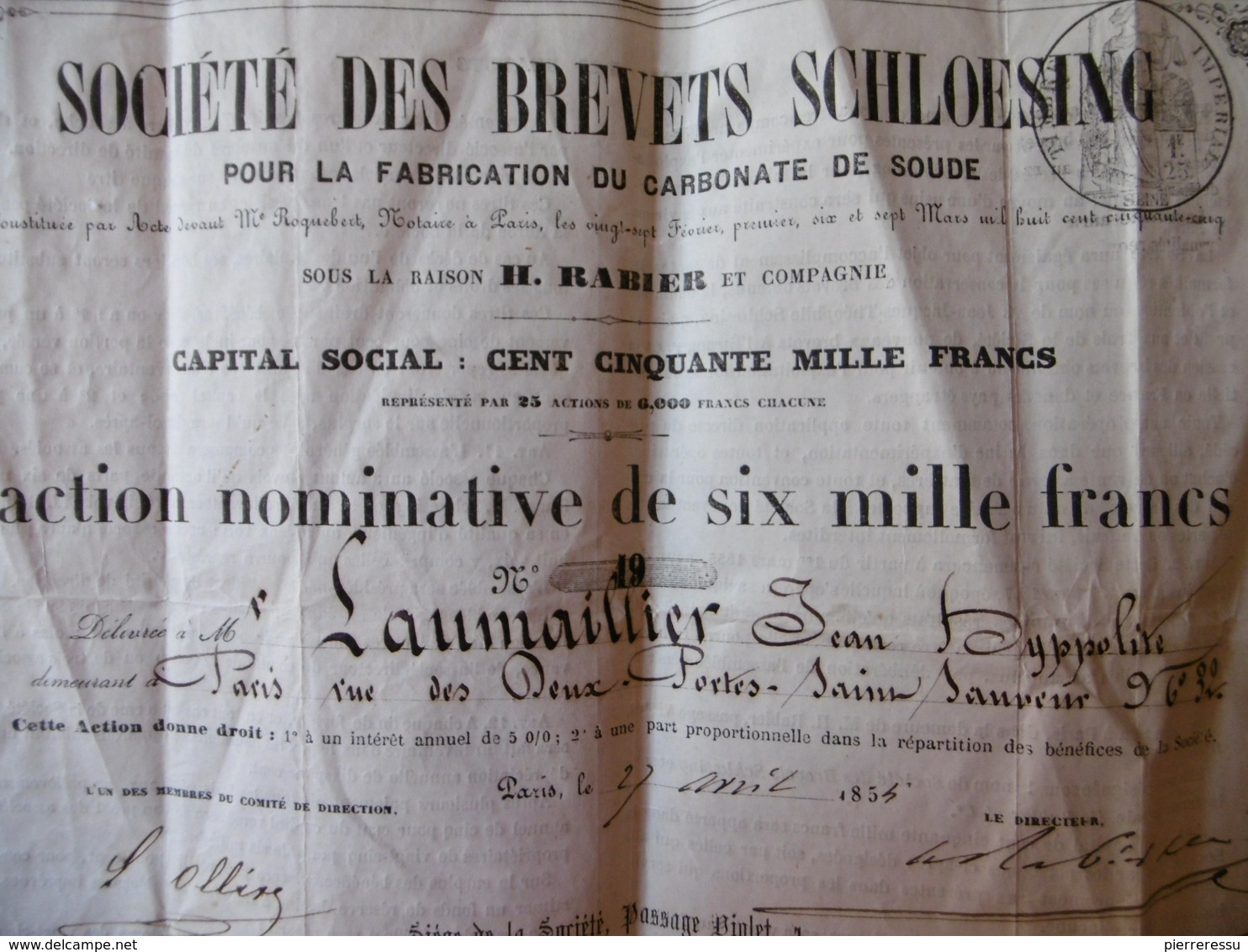 ACTION SIX MILLE FRANCS TIRAGE 25 EX SOCIETE DES BREVETS SCHLOESING 1855 A LAUMAILLIER JEAN BAPTISTE 1855 - Industrie