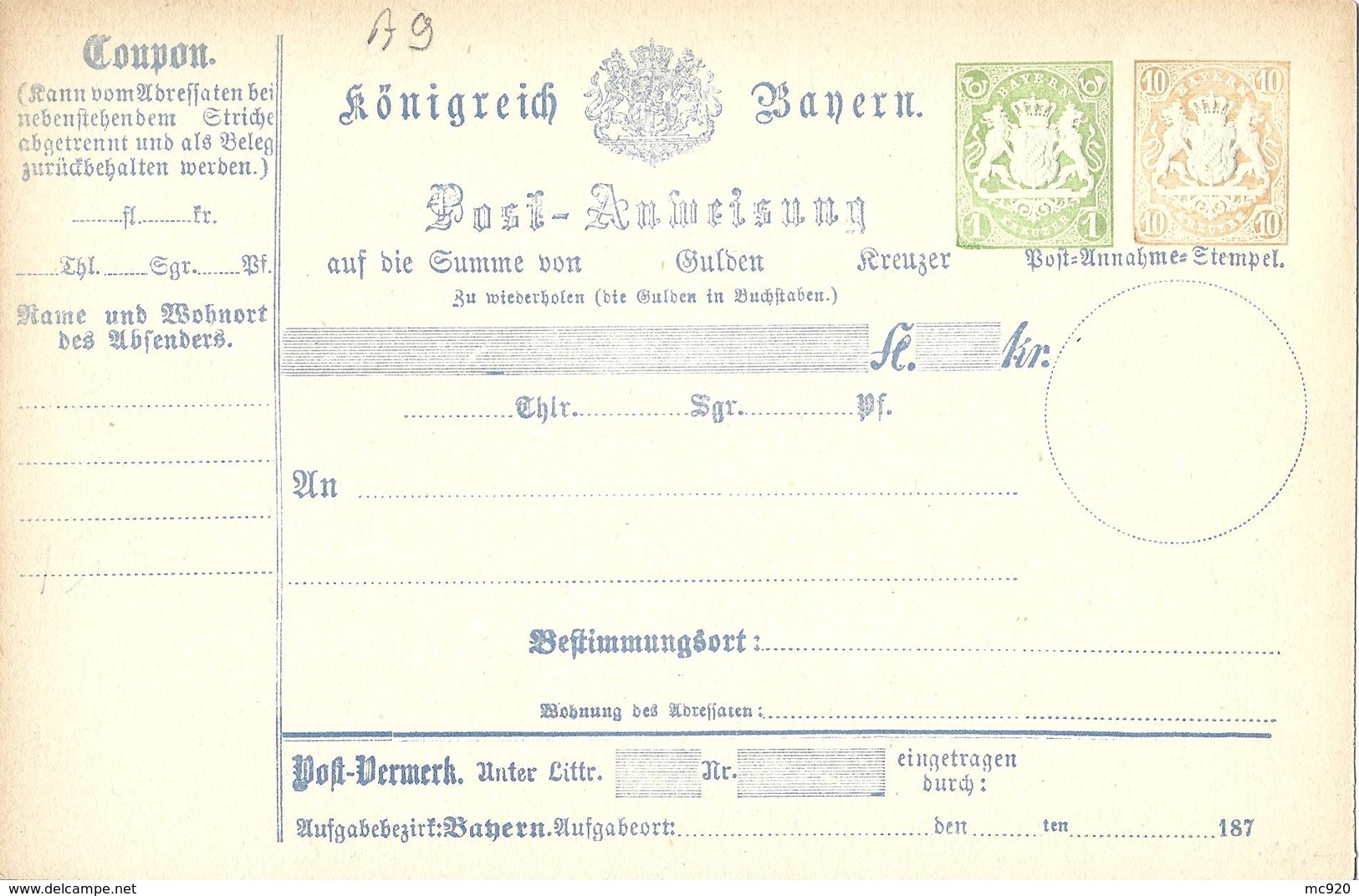 Bavière Bayern Entier Postal, Ganzsachen, Postal Stationery Mandat Post-Anweisung - Andere & Zonder Classificatie