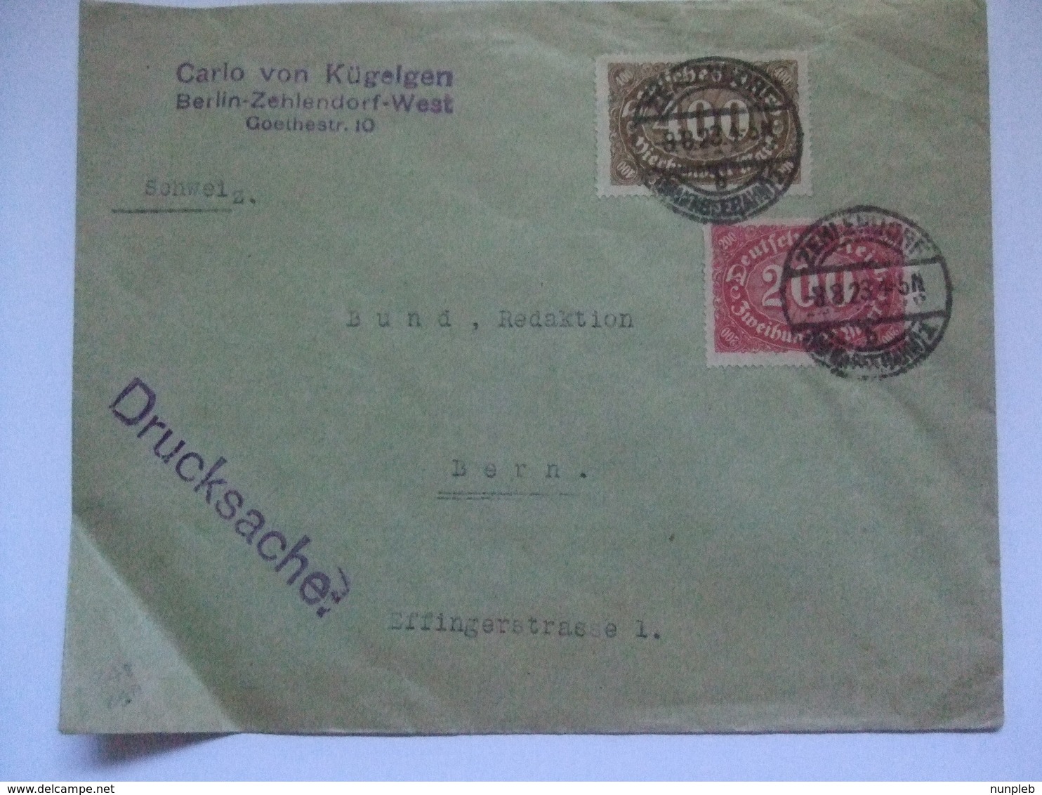 GERMANY - 1923 Inflation Cover - Berlin Zehlendorf To Bern Switzerland - 600 DM Rate - With Drucksache Cachet - Other & Unclassified