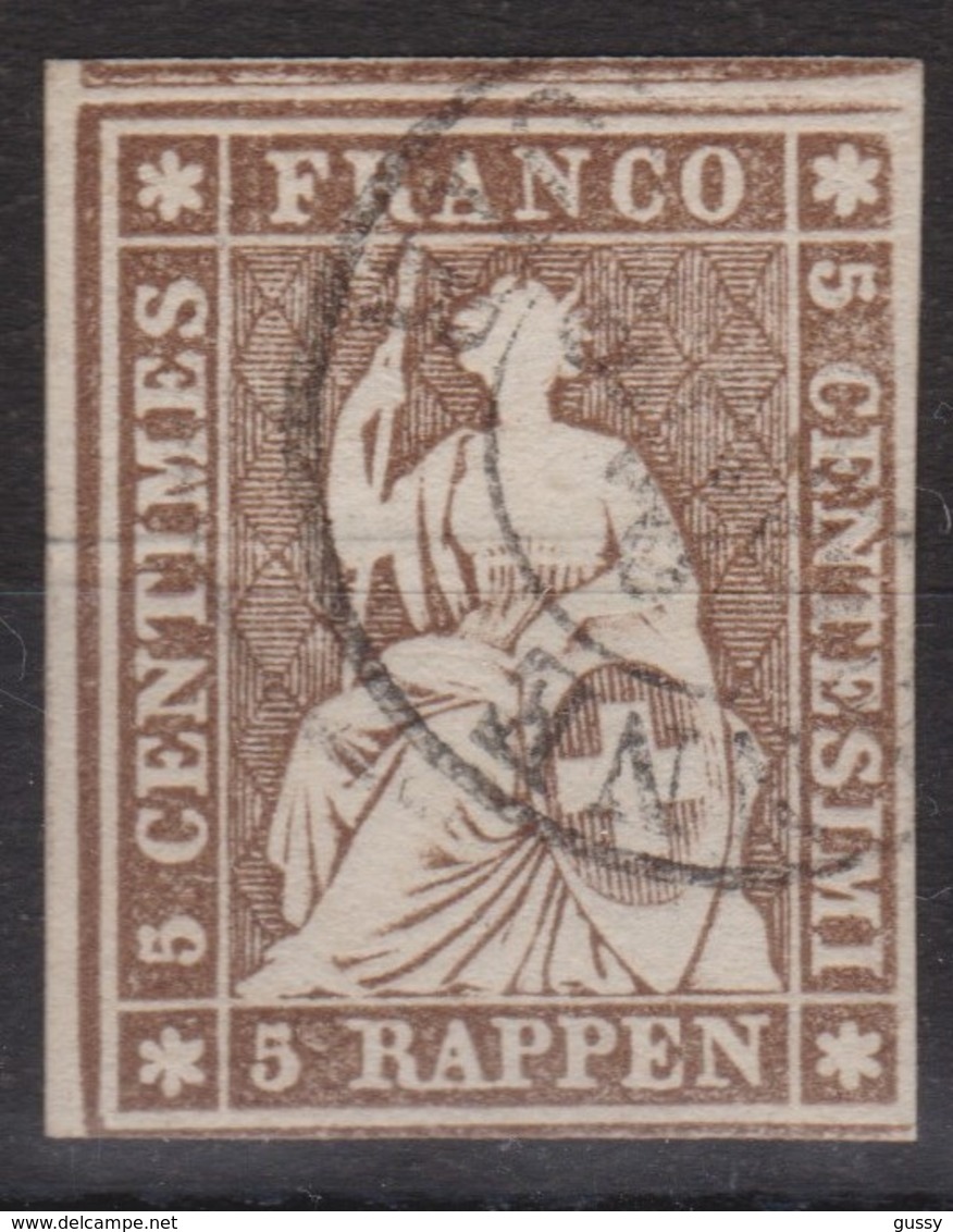 SUISSE STRUBEL 1856:  5 Rappen, Brun , Fil De Soie Noir (ZNr 22D), Oblitéré CAD - Oblitérés