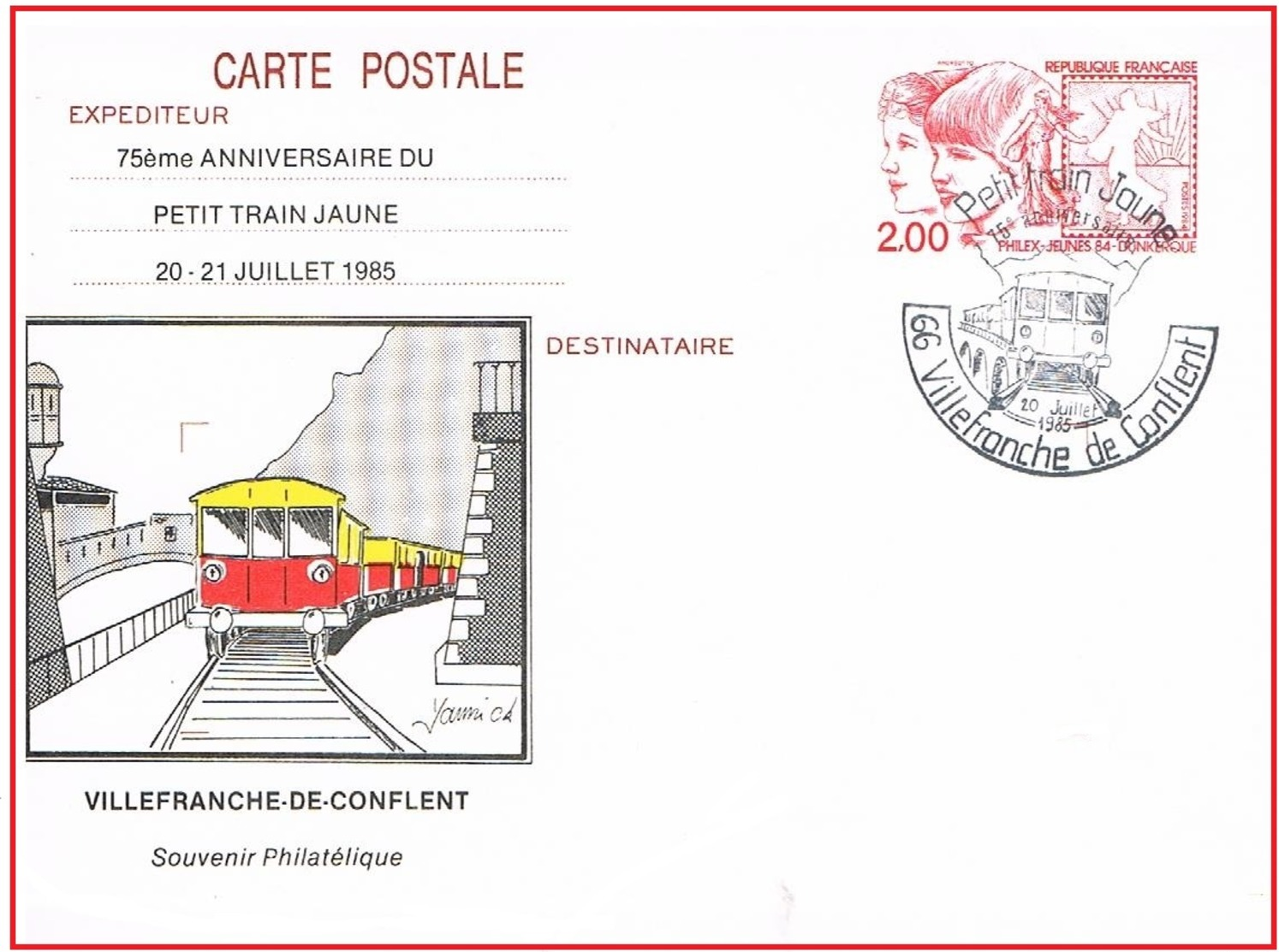 Villefranche De Conflent  10.7.1985 Petit Train Jaune  75e Anniversaire Entier Philex- Jeunes 84 - Overprinter Postcards (before 1995)