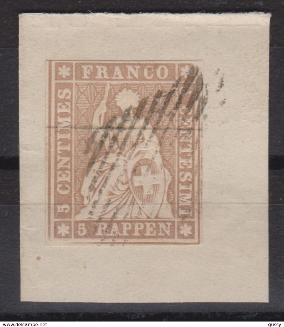 SUISSE STRUBEL 1856:  5 Rp Brun, Papier épais, Fil De Soie Noir (ZNr 22D), Oblit. Gr. Fédérale Sur Fragment - Used Stamps