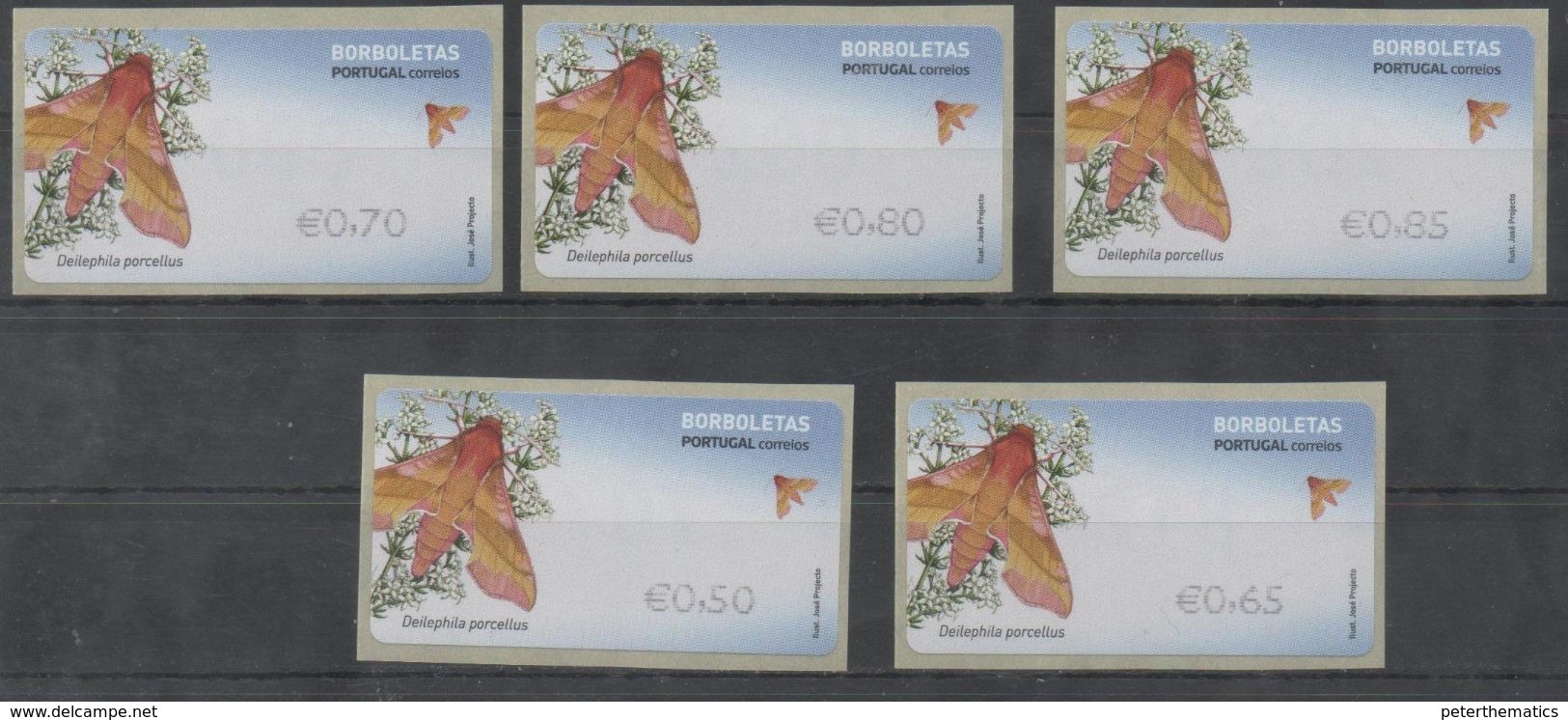 PORTUGAL , 2017, MNH, ATM LABELS, INSECTS, BUTTERFLIES, III, 5v - Butterflies