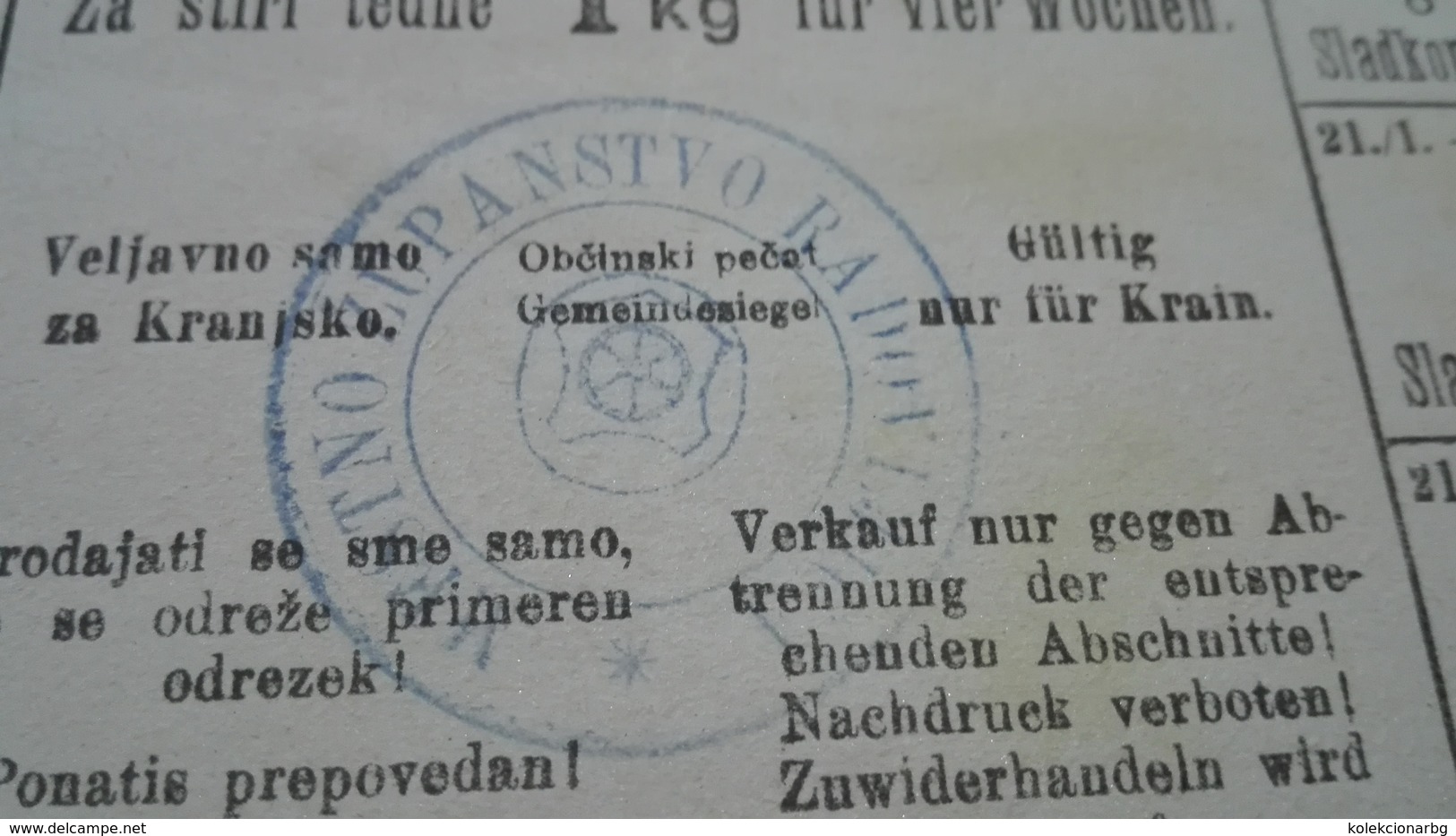 1467.Iskaznica Za Sladkor Zuckerkarte  21.1-17.2.1917  Radovljica   Slovenia Ration Card - Storia Postale