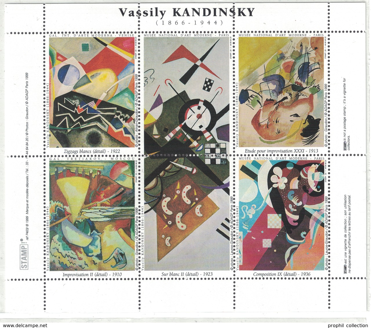 BLOC FEUILLET De 6 VIGNETTES Sur KANDINSKY VASSILY (THEME PEINTRE PEINTURE) - Vignettes De Fantaisie