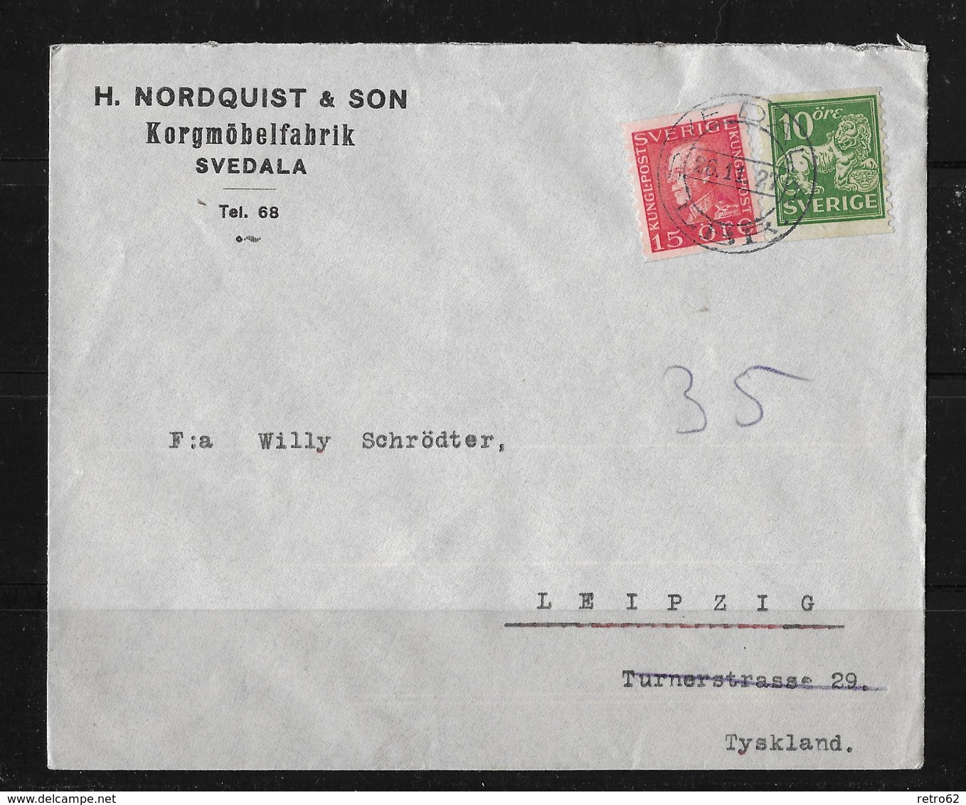1927 Letter From Svedala (H.Nordquist & Sohn Korgmöbelfabrik) To Leipzig / German - Lettres & Documents