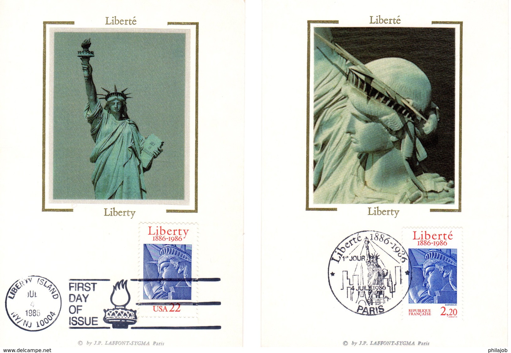 " FRANCE / USA : STATUE DE LA LIBERTE " Sur 2 Cartes Maximum En Soie De 1986. N° YT 2421 + USA 1672. Parfait état CM - Emissions Communes