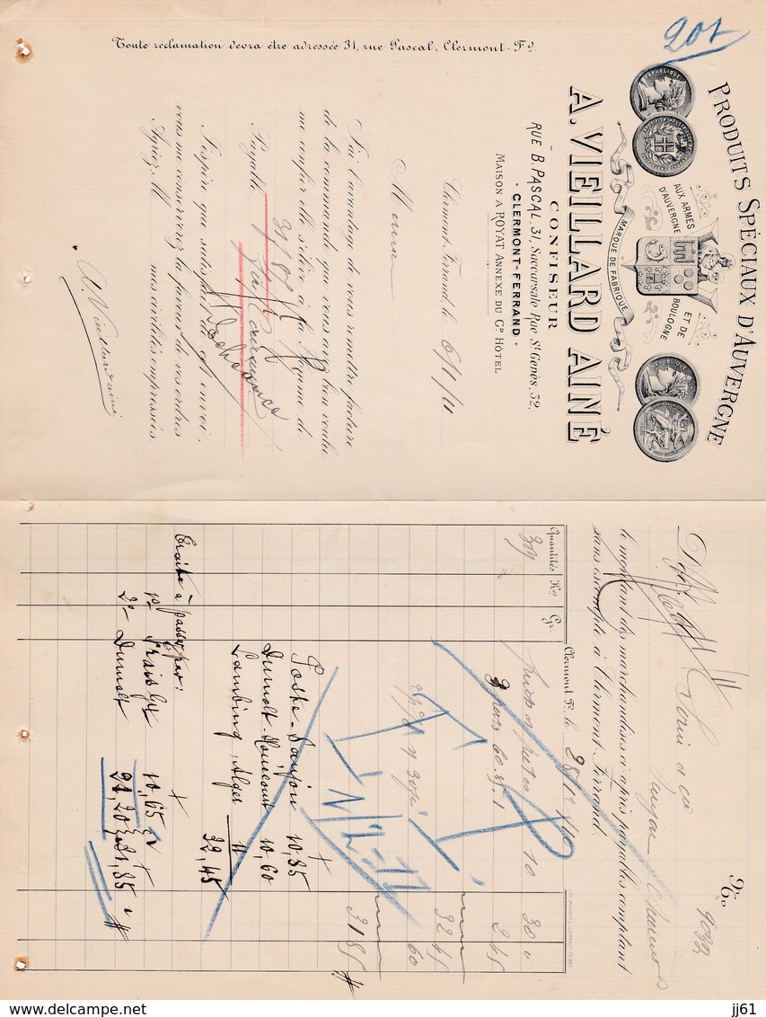 CLERMONT FERRAND A VIEILLARD AINE PRODUITS SPECIAUX D AUVERGNE DE BOULOGNE A MR SORIN A SAUJON ANNEE 1911 - Other & Unclassified