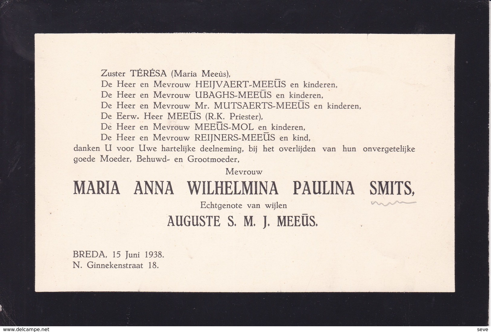 BREDA Maria Anna SMITS épouse Auguste MEEUS 1938 Carton Mortuaire Horizontal Format A5 HEIJVAERT MUTSAERTS - Décès