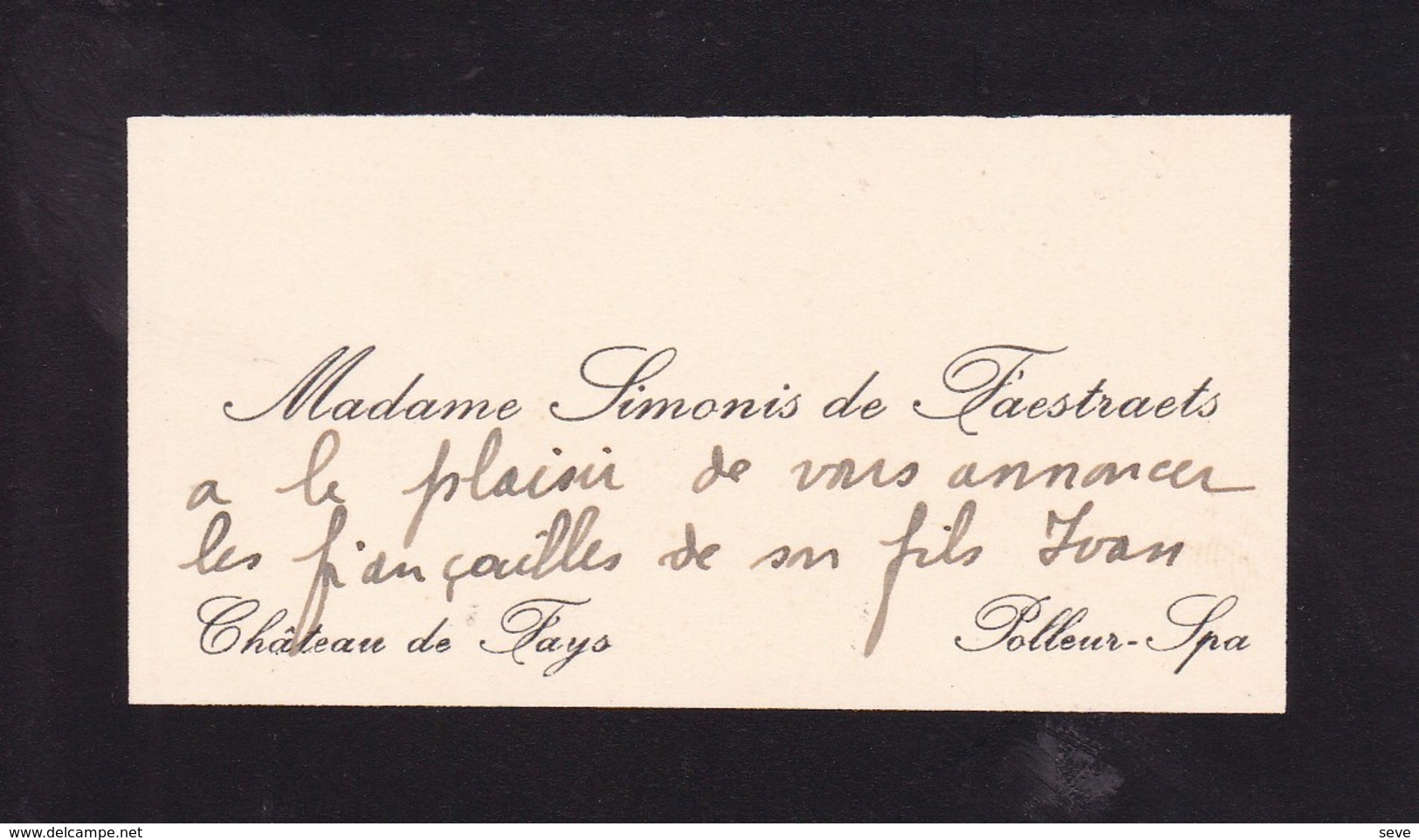 POLLEUR SPA Château De FAYS Madame SIMONIS De FAESTRAETS Carte De Visite Avant 1900 - Visiting Cards