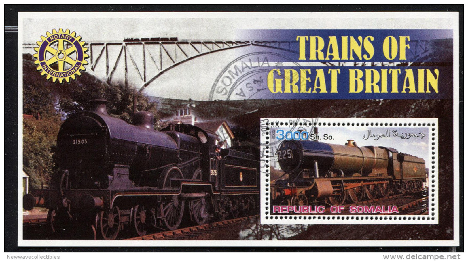 TRAINS,LOCOMOTIVE On SOUVENIR STAMP SHEET,SOMALIA,CTO,Used,TRAINS Of GREAT BRITAIN - Trains