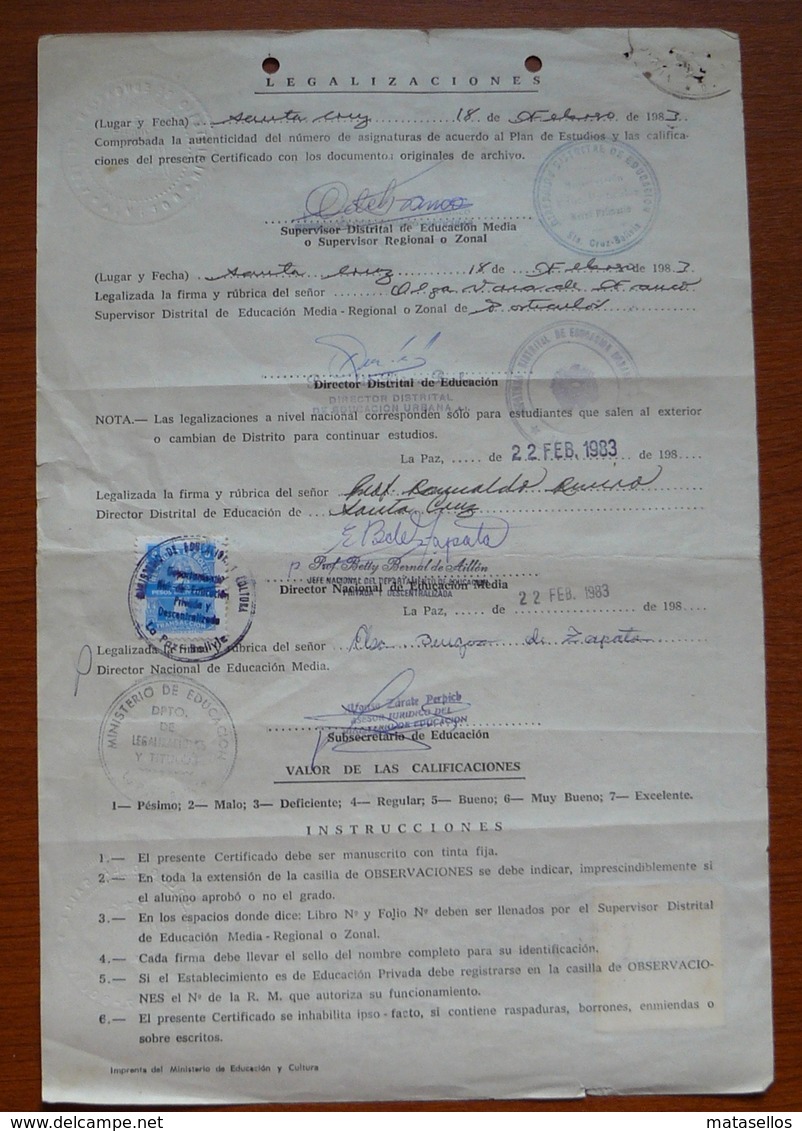 Certificados De Estudios Con Sello Fiscal - Bolivia